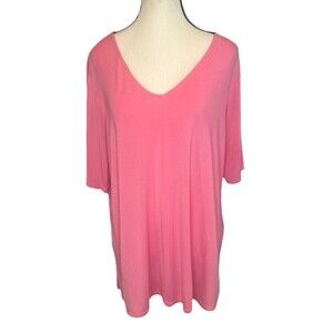 Susan Graver Lifestyle PINK Liquid Knit Short Sleeve Button Back Top Shirt Sz XL